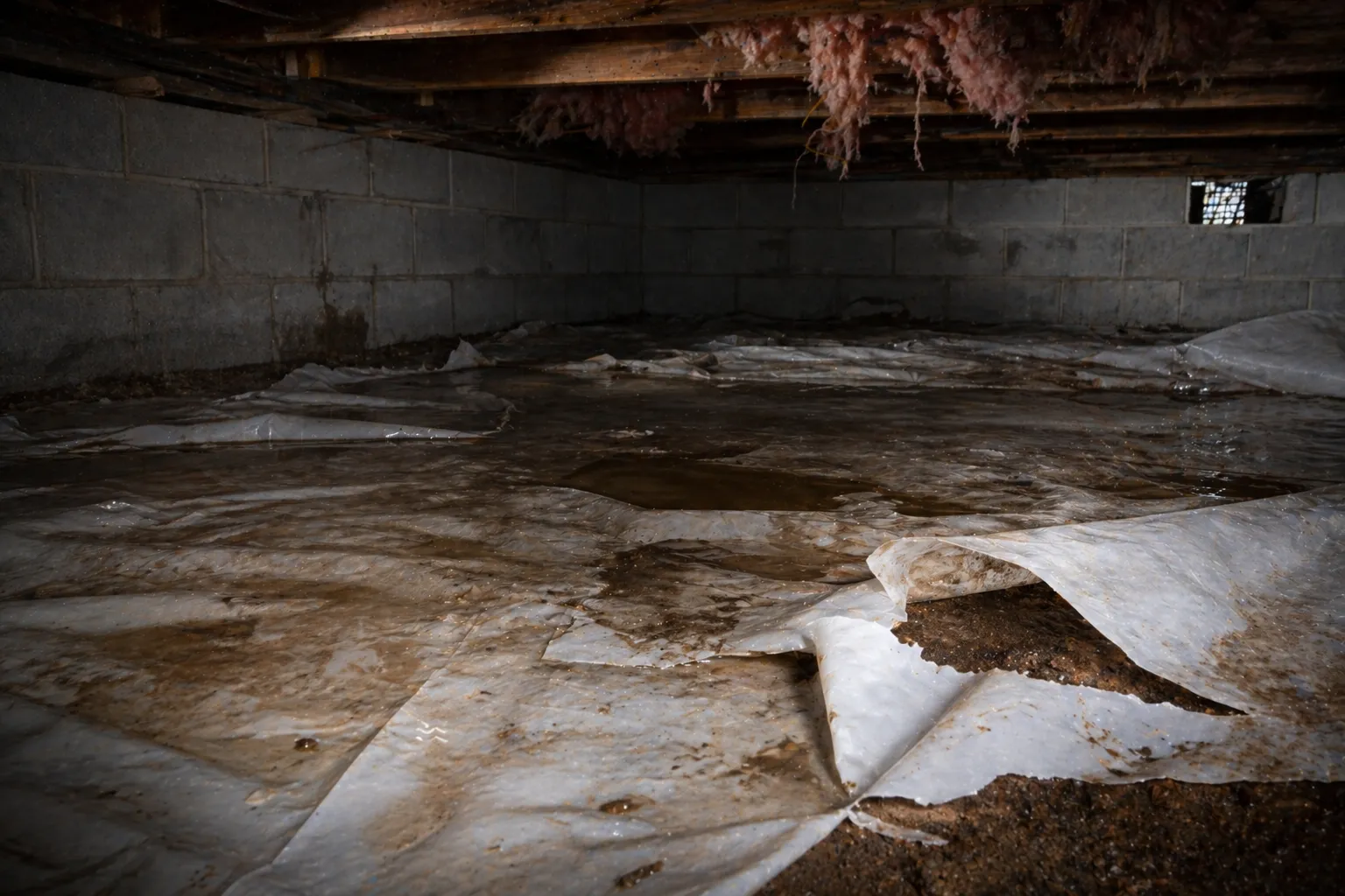 Example of a poorly installed vapor barrier with exposed soil and torn edges