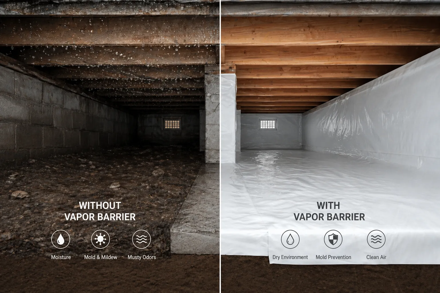 A clean encapsulated crawl space with white vapor barrier installed across the floor and walls