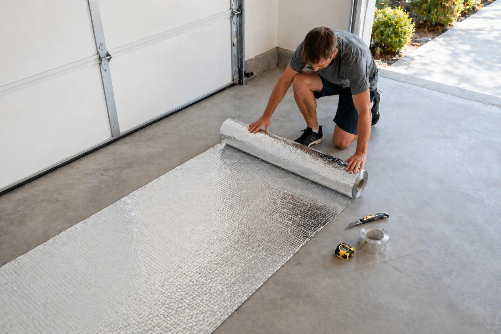 Reflective bubble insulation being measured and cut for a garage door section