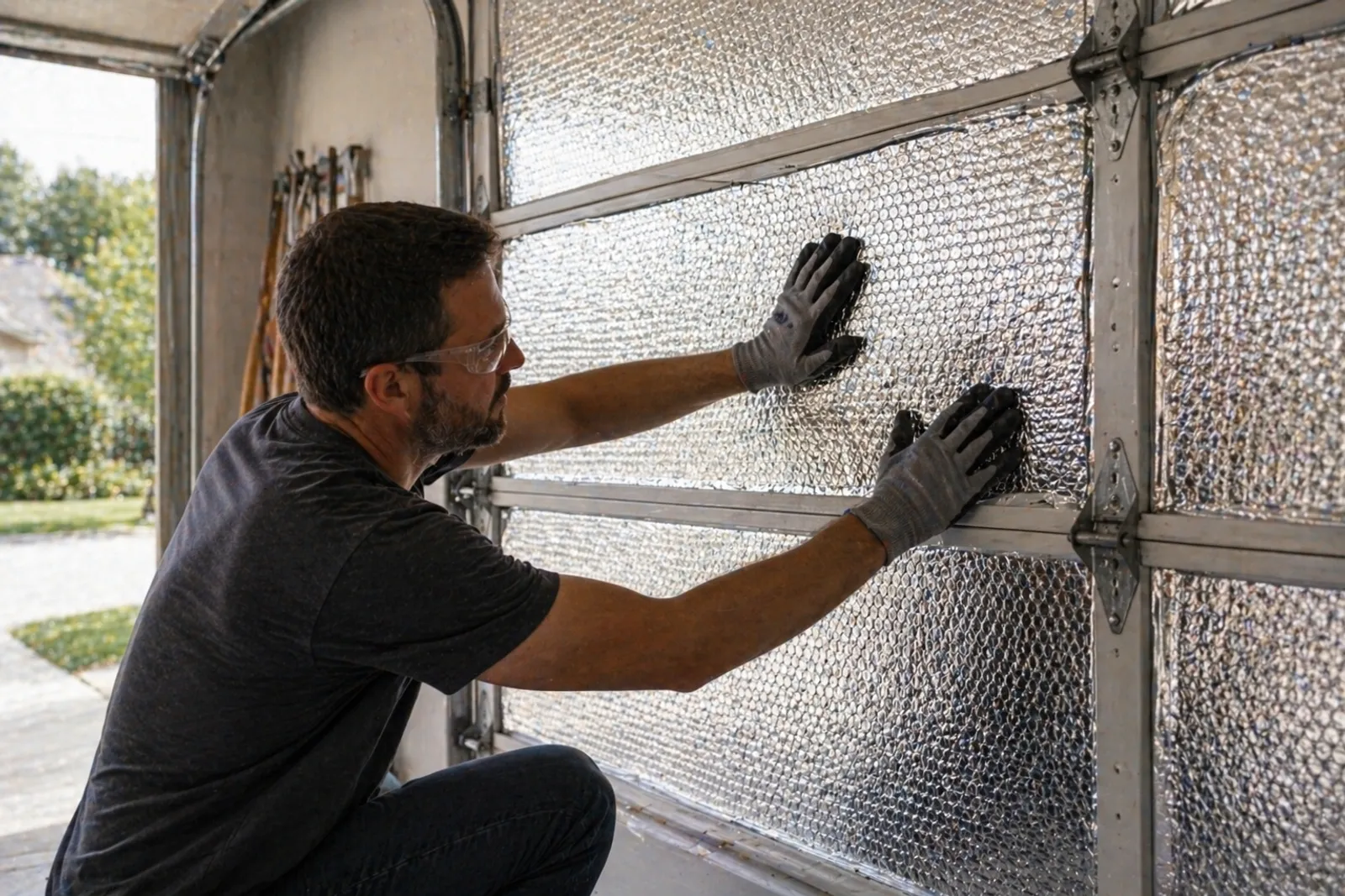 A poorly installed garage door insulation panel with sagging foil and exposed rails